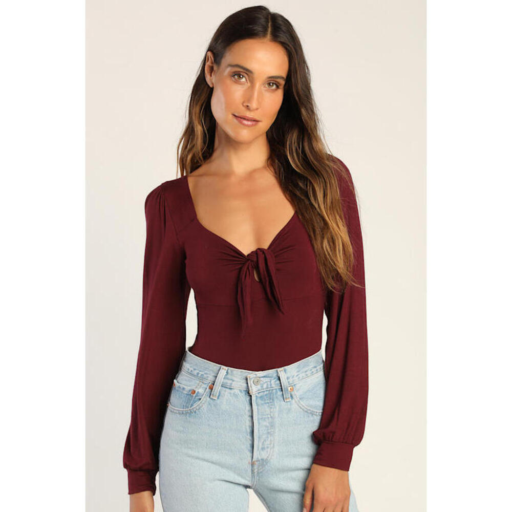 Lulus Tie Fidelity Burgundy Tie-front Bodysuit Red - Size M